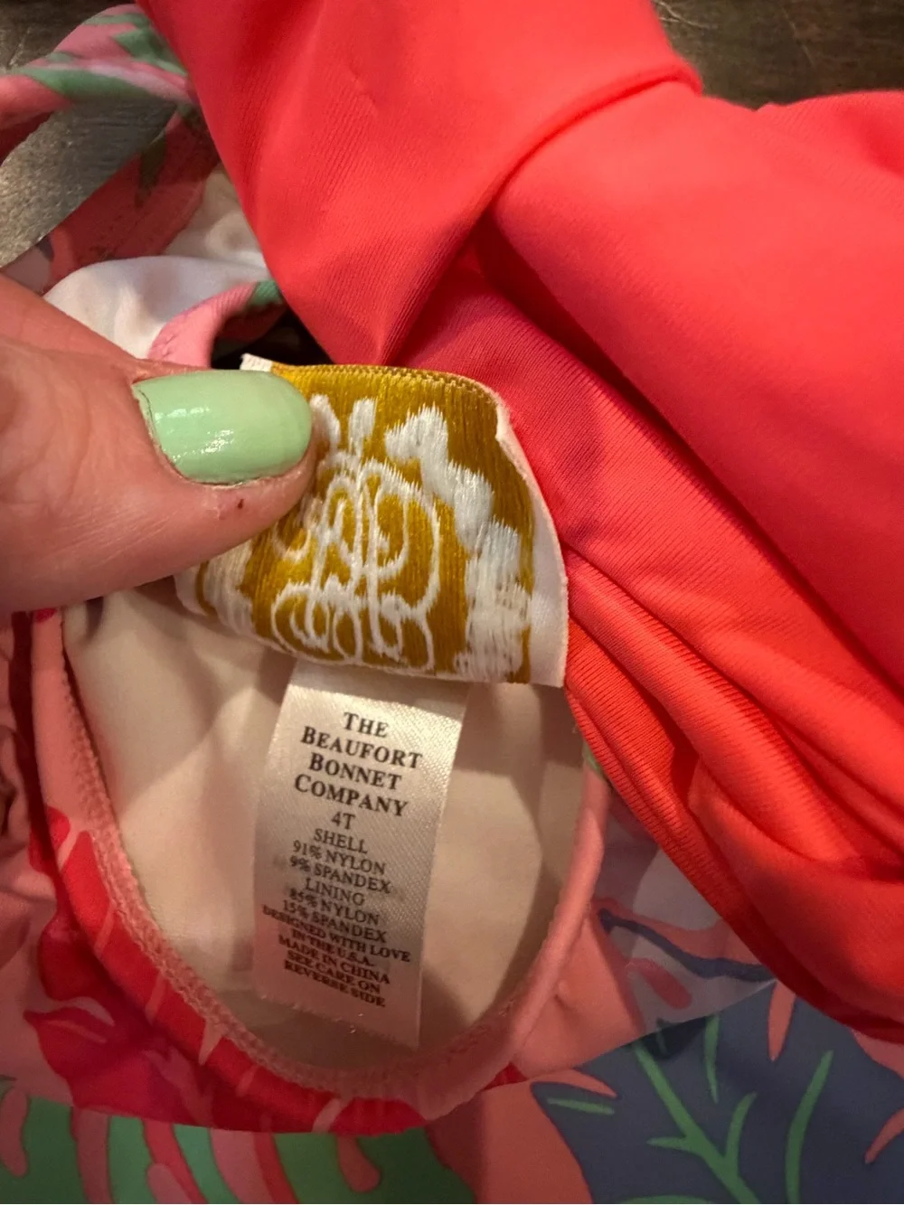 The Beaufort Bonnet Company Pink Tropical Leaf One-Shoulder Kids Swimsuit